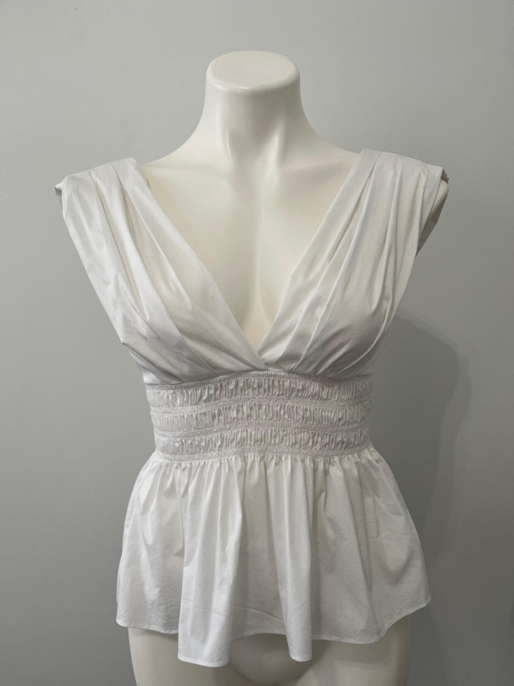 Veronica Beard White Deep V Back Smocked Peplum Top
